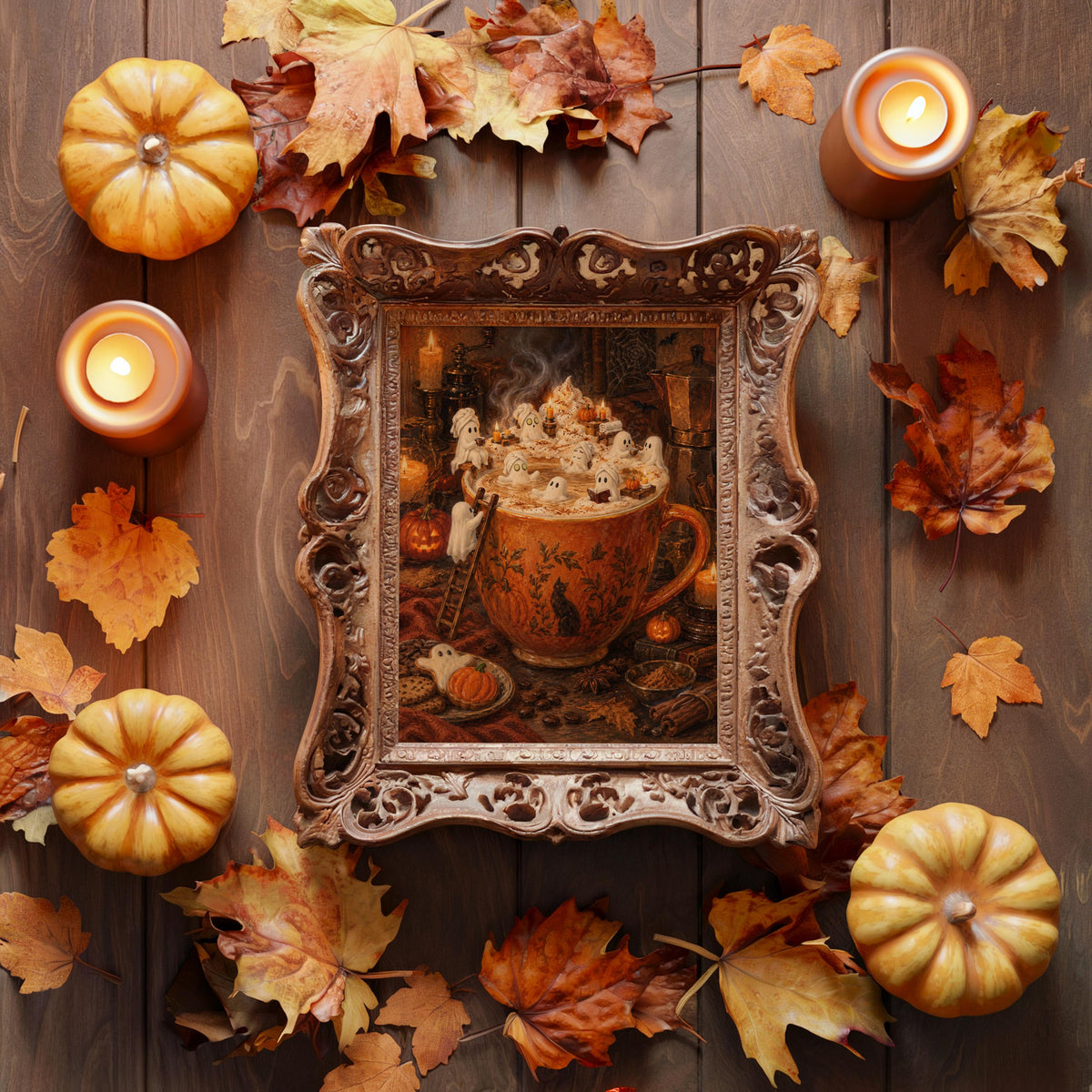 Ghost Halloween Pumpkin Spice Latte Print, Marshmallow Ghosts Wall Art, Cozy Fall Coffee Poster, Spooky Kitchen Decor, Autumn Gift
