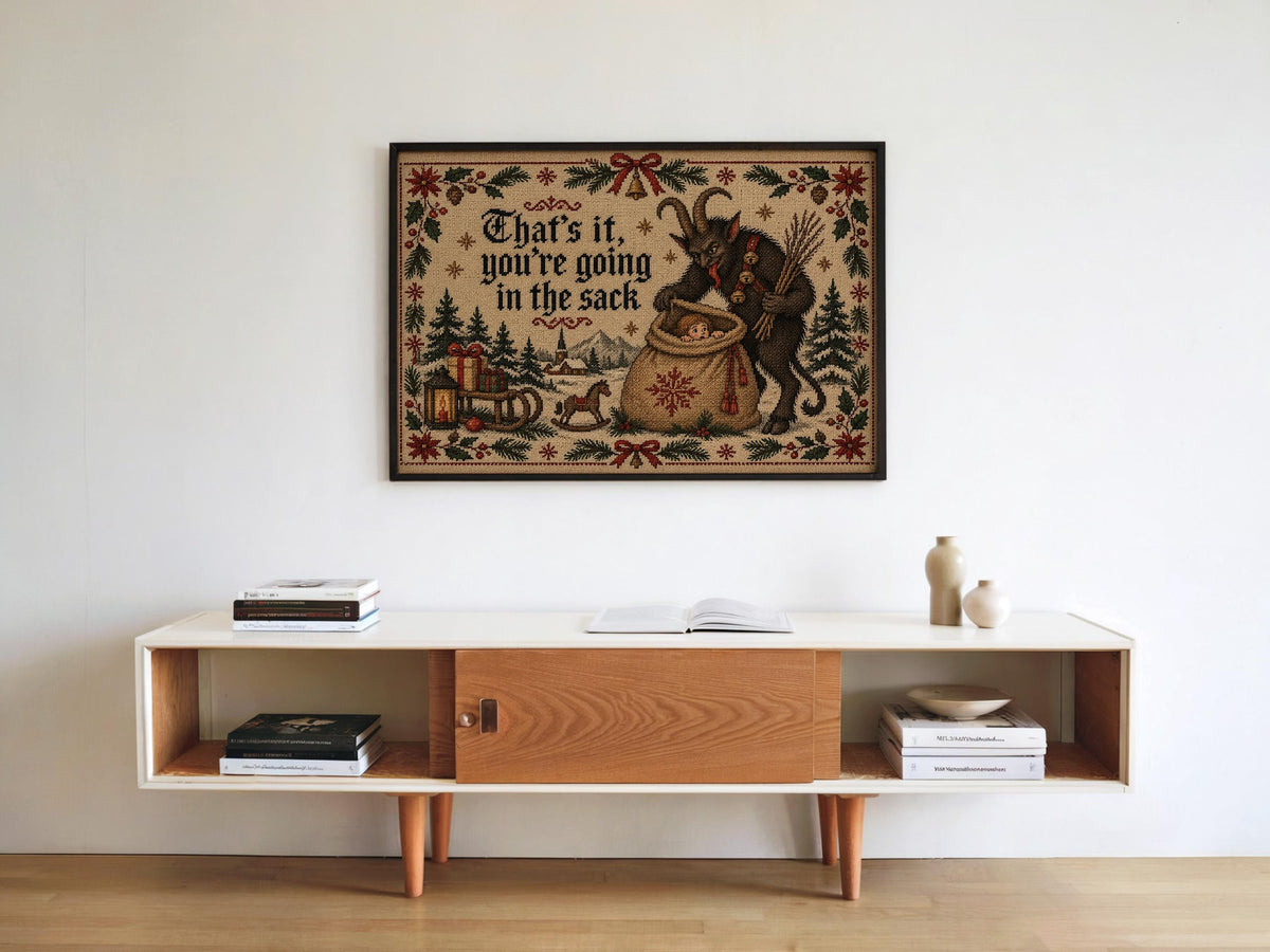 Krampus Christmas Cross Stitch Print, Funny Holiday Sack Scene, German Folklore Wall Art, Rustic Winter Decor, Gothic Xmas Gift