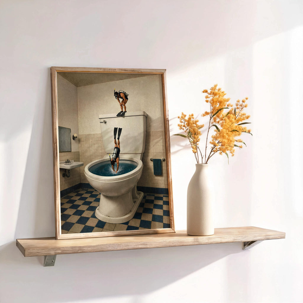 Scuba Divers Toilet Print, Funny Bathroom Wall Art, Tiny Underwater Swimmers Poster, Surreal Restroom Decor, Diver Gift