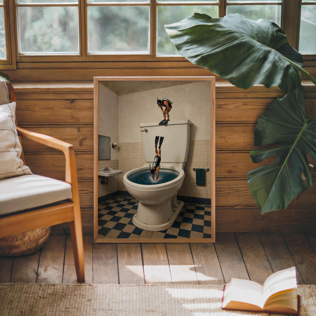 Scuba Divers Toilet Print, Funny Bathroom Wall Art, Tiny Underwater Swimmers Poster, Surreal Restroom Decor, Diver Gift