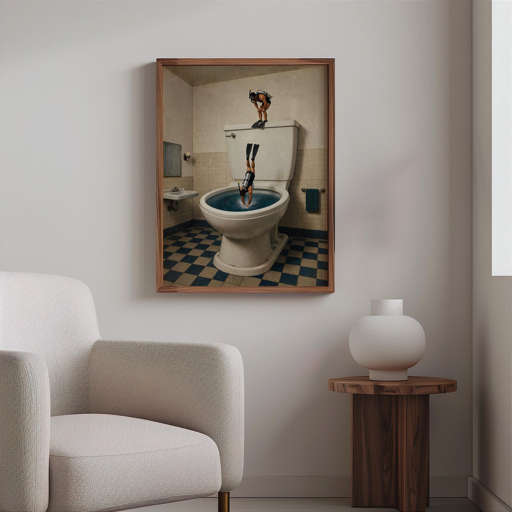 Scuba Divers Toilet Print, Funny Bathroom Wall Art, Tiny Underwater Swimmers Poster, Surreal Restroom Decor, Diver Gift