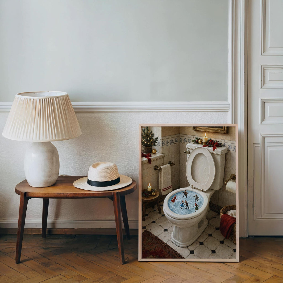 Christmas Toilet Ice Rink Print, Funny Winter Bathroom Wall Art, Vintage Holiday Decor, Ice Skating Restroom Poster, Festive New Year Gift