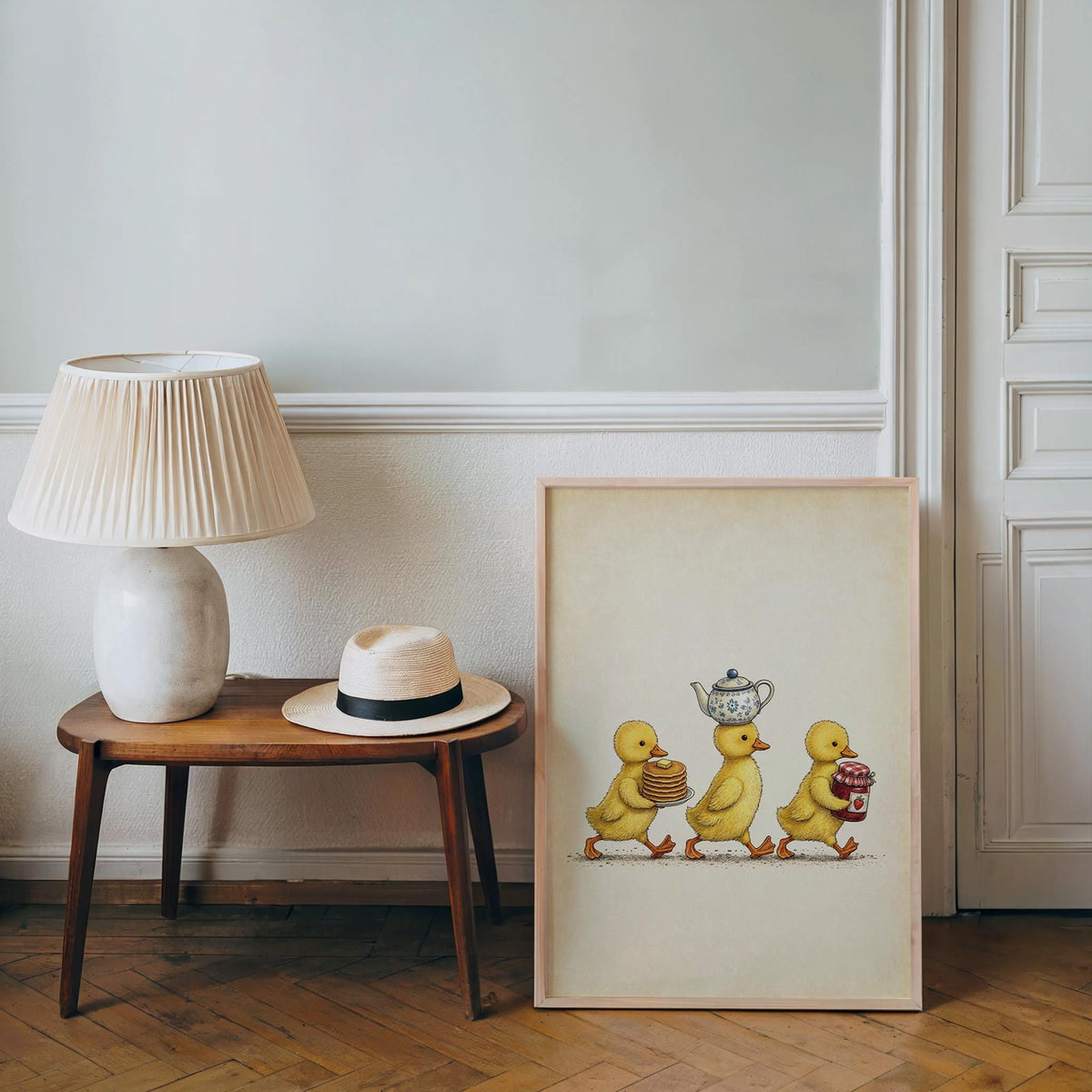Duckling Breakfast Print, Vintage Kitchen Wall Art, Cute Duck Illustration, Cottage Foodie Decor, Kids Gosling Illustration