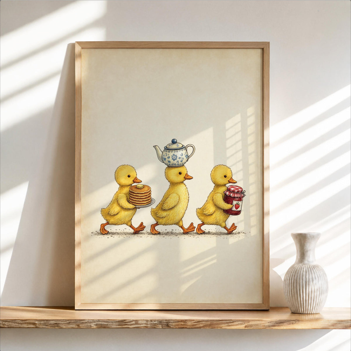 Duckling Breakfast Print, Vintage Kitchen Wall Art, Cute Duck Illustration, Cottage Foodie Decor, Kids Gosling Illustration