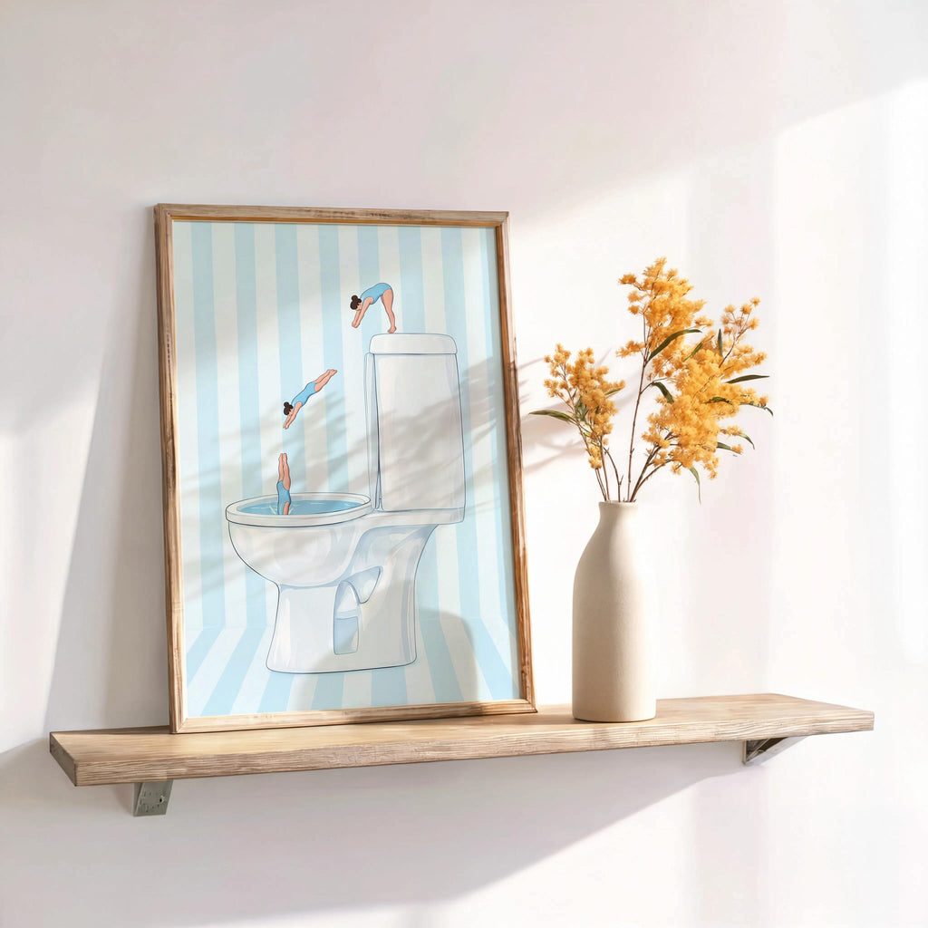 Diving Toilet Print, Funny Bathroom Wall Art, Tiny Swimmers Poster, Quirky Pool Decor, Preppy Pastel Gift for Divers