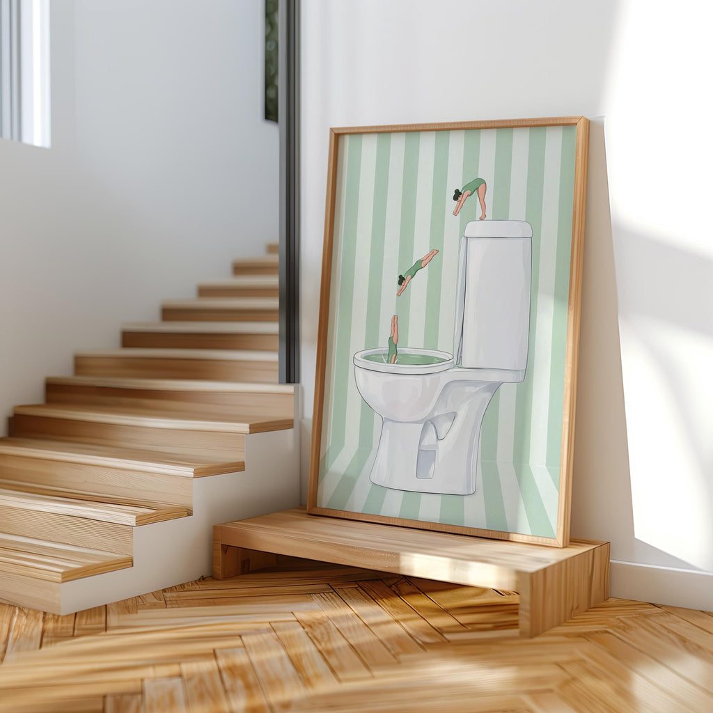 Diving Toilet Print, Funny Bathroom Wall Art, Tiny Swimmers Poster, Quirky Pool Decor, Preppy Pastel Gift for Divers
