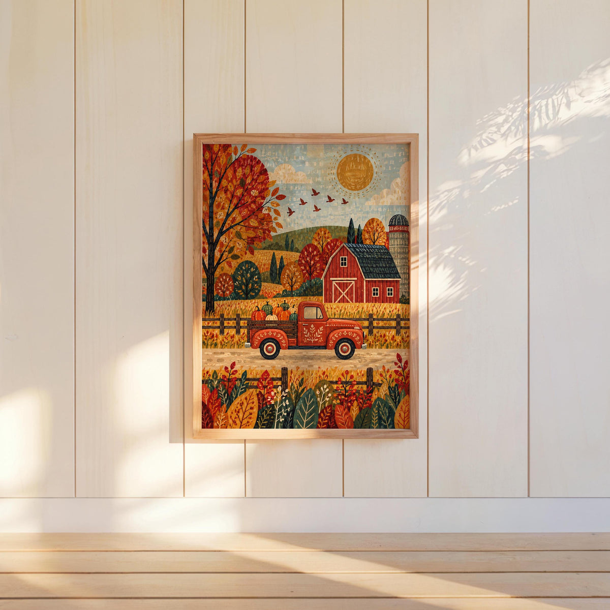 Fall Farm Truck Wall Print, Red Pickup Poster, Autumn Barn Decor, Rustic Country Landscape, Harvest Season Home Gift