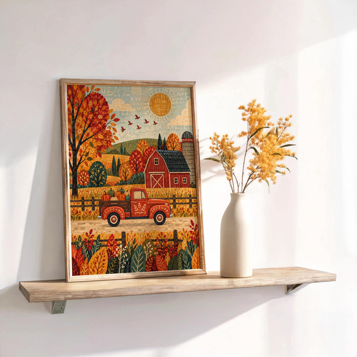 Fall Farm Truck Wall Print, Red Pickup Poster, Autumn Barn Decor, Rustic Country Landscape, Harvest Season Home Gift