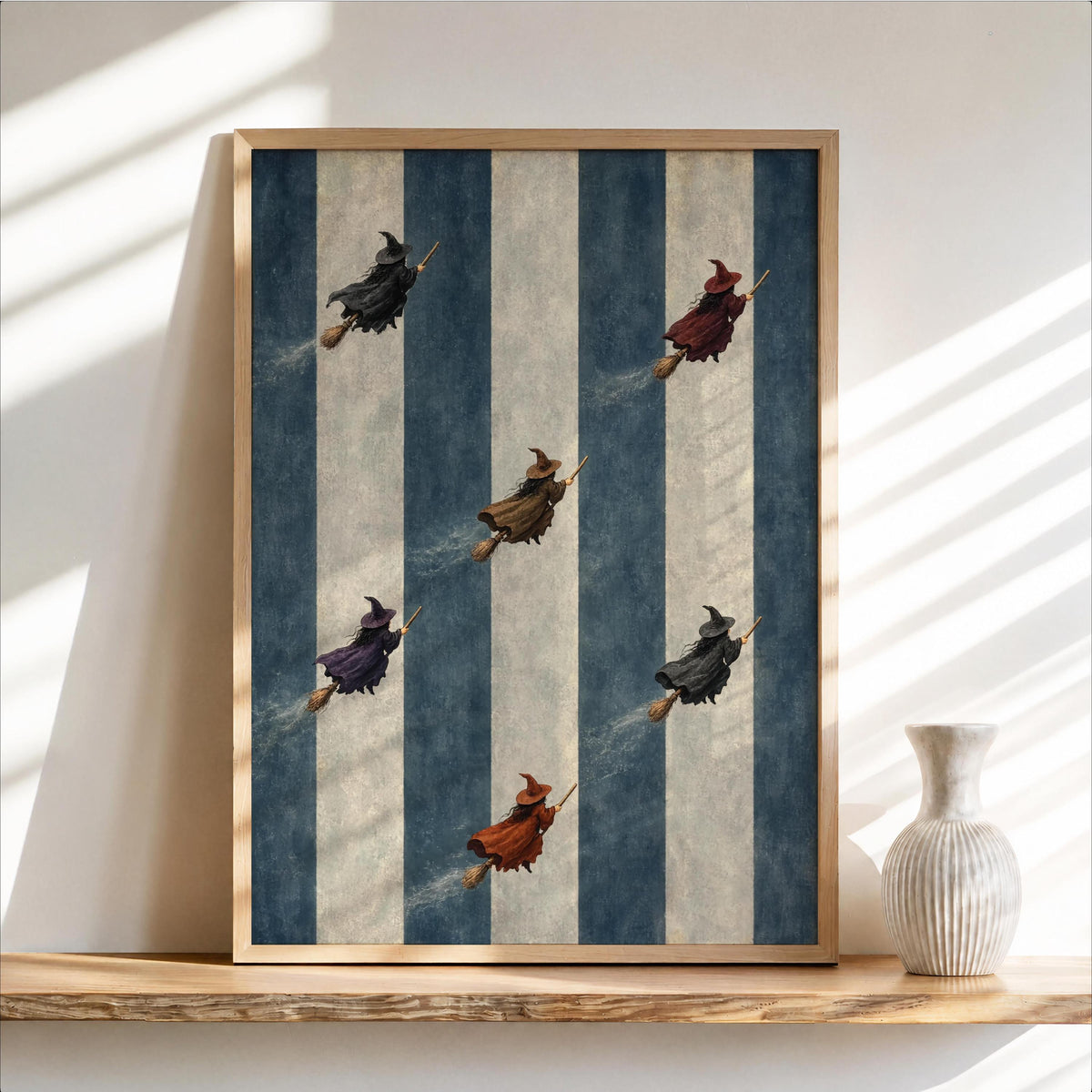 Halloween Witch on Broom Print, Striped Vintage Wall Art, Whimsical Witchy Home Decor, Funny Spooky Season Gift