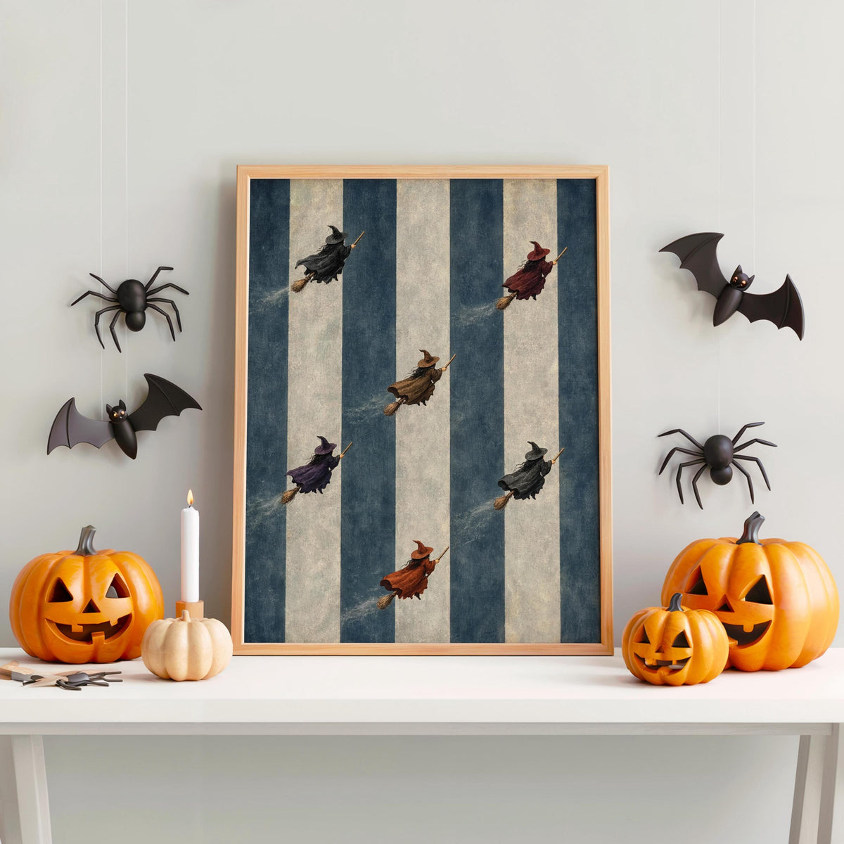Halloween Witch on Broom Print, Striped Vintage Wall Art, Whimsical Witchy Home Decor, Funny Spooky Season Gift