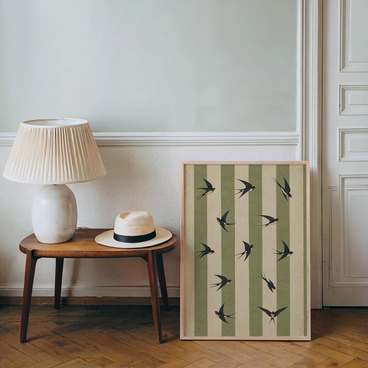 Vintage Swallow Bird Print, Retro Stripez Poster, Green Striped Wall Art, Ornithology Decor, Cottagecore Nature Gift
