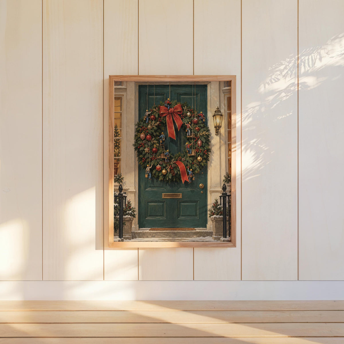 Tiny Workers Decorating Festive Wreath, Christmas Wreath Door Print, Whimsical Holiday Wall Art, Xmas Entryway Decor Gift