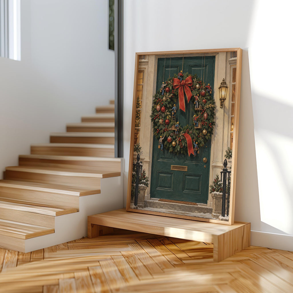 Tiny Workers Decorating Festive Wreath, Christmas Wreath Door Print, Whimsical Holiday Wall Art, Xmas Entryway Decor Gift