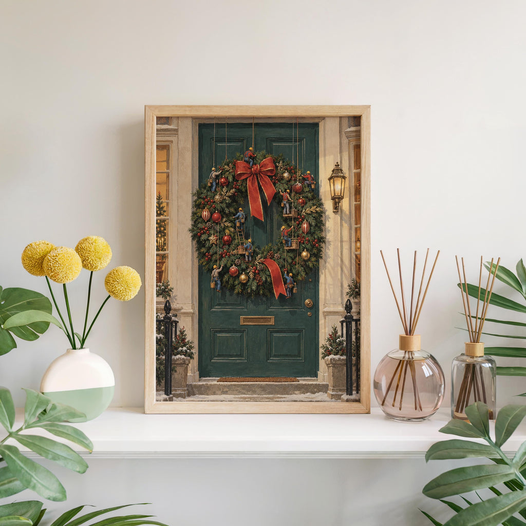 Tiny Workers Decorating Festive Wreath, Christmas Wreath Door Print, Whimsical Holiday Wall Art, Xmas Entryway Decor Gift