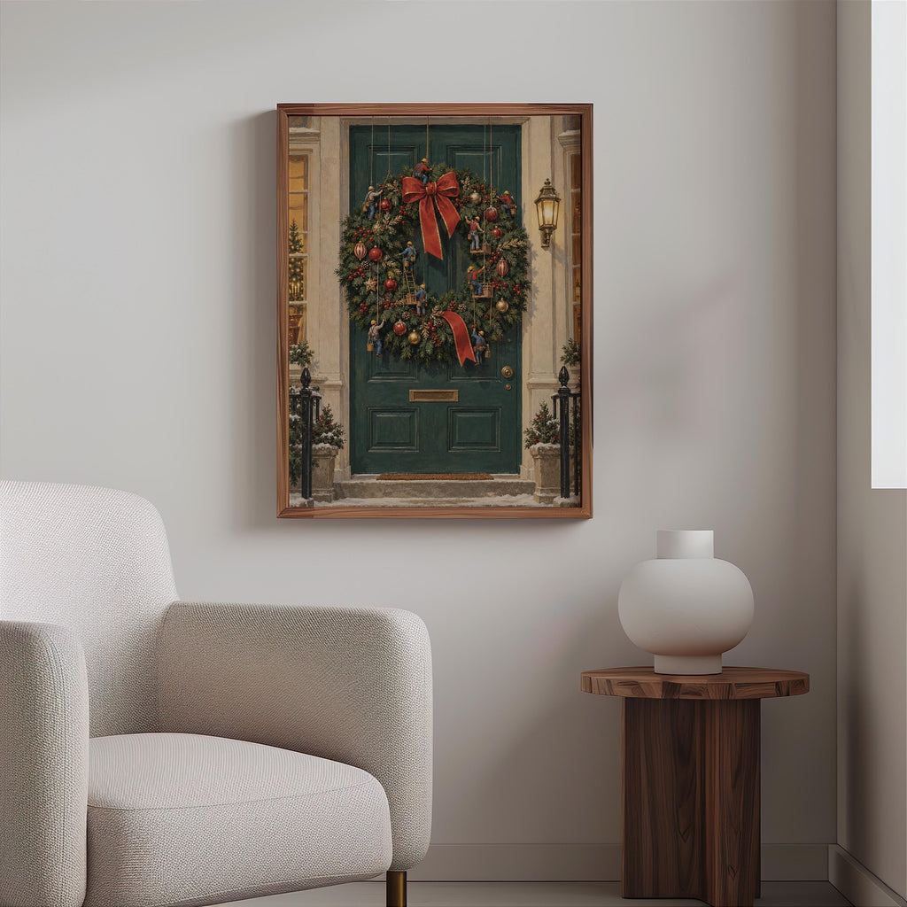 Tiny Workers Decorating Festive Wreath, Christmas Wreath Door Print, Whimsical Holiday Wall Art, Xmas Entryway Decor Gift