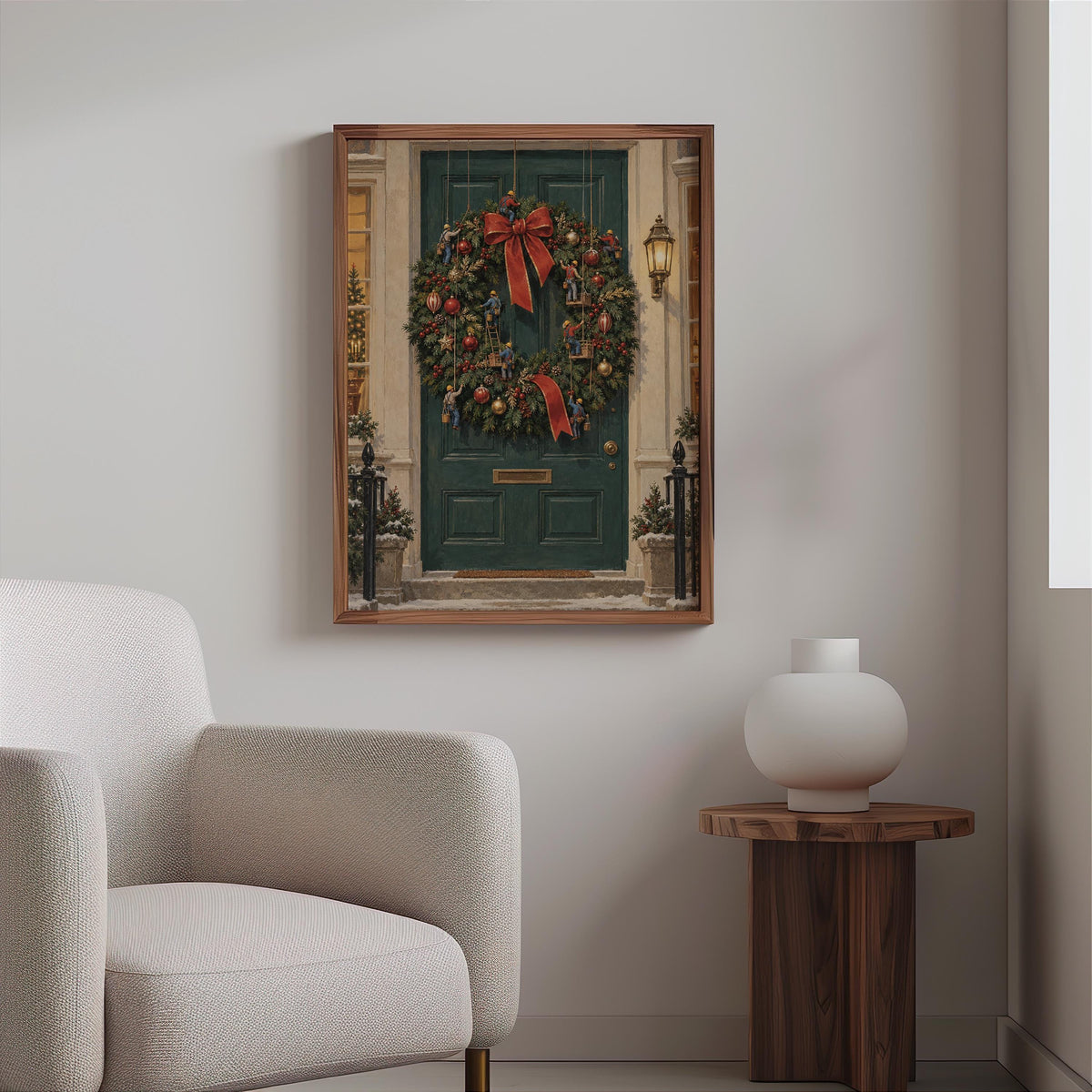 Tiny Workers Decorating Festive Wreath, Christmas Wreath Door Print, Whimsical Holiday Wall Art, Xmas Entryway Decor Gift