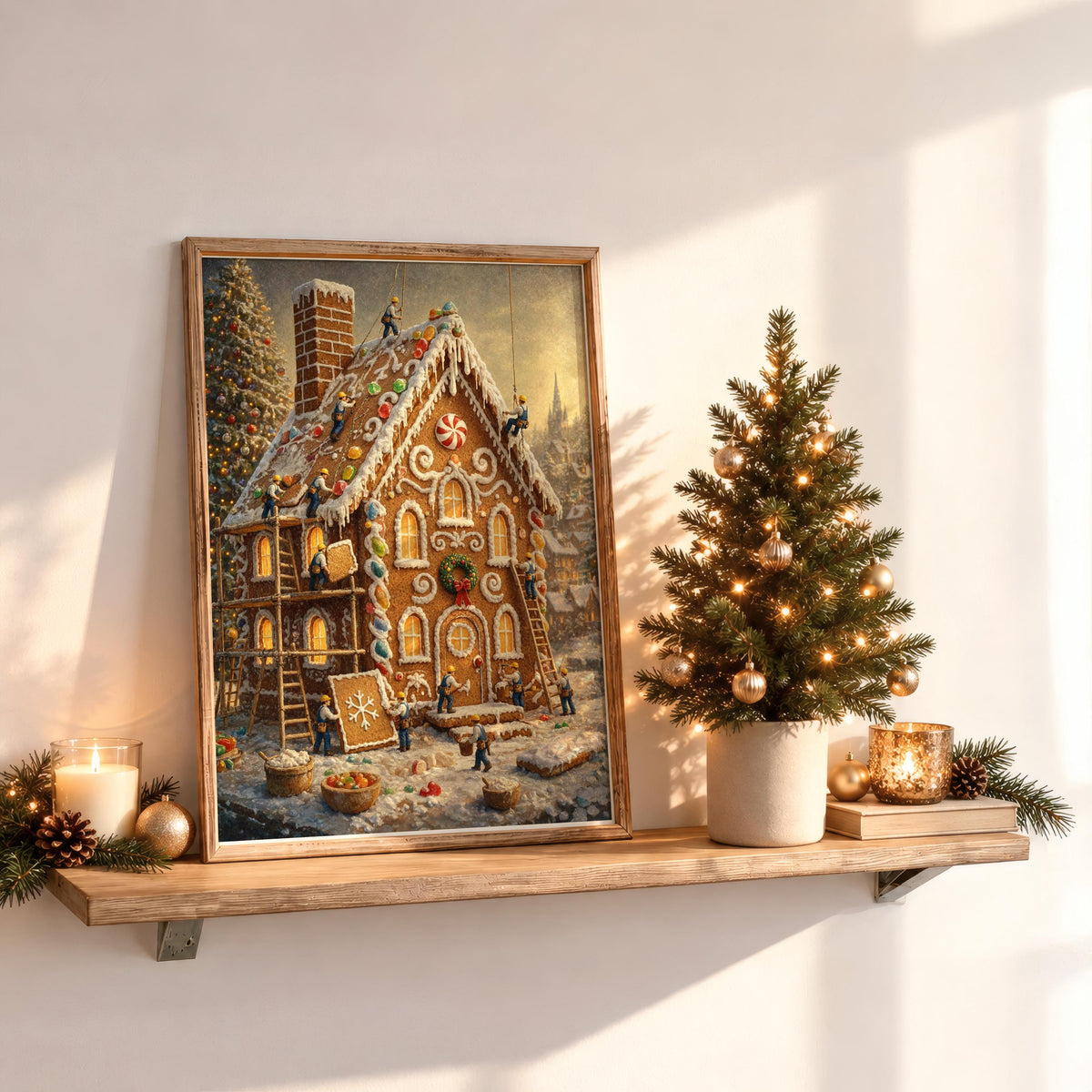 Gingerbread House Christmas Print, Tiny Builders Decorating Cookie House, Vintage Holiday Wall Decor, Miniatuer People Xmas Home Gift