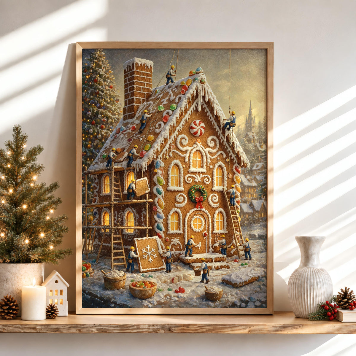 Gingerbread House Christmas Print, Tiny Builders Decorating Cookie House, Vintage Holiday Wall Decor, Miniatuer People Xmas Home Gift