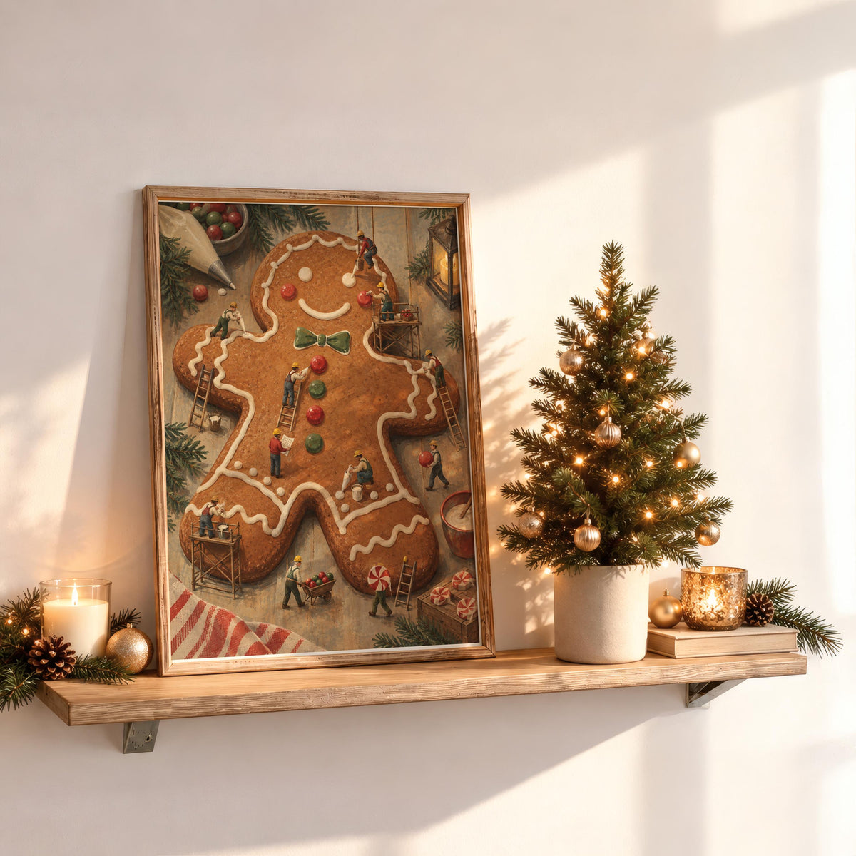Gingerbread Man Christmas Print, Tiny Workers People Decorating Cookie, Funny Festive Holiday Wall Art, Whimsical Kitchen Dining Room Decor