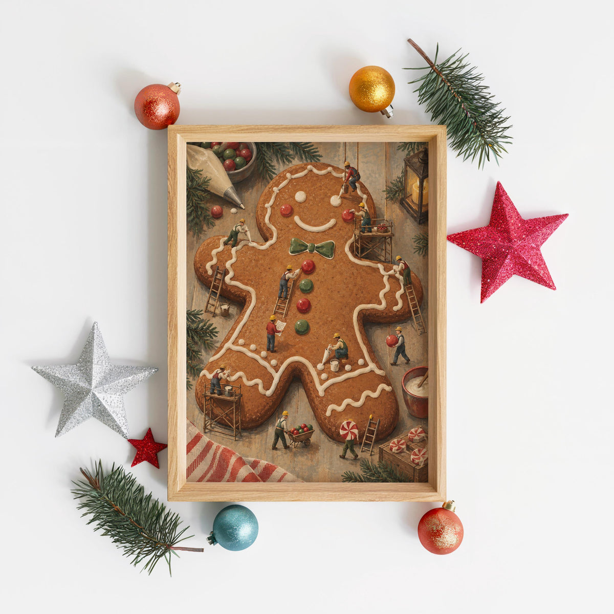 Gingerbread Man Christmas Print, Tiny Workers People Decorating Cookie, Funny Festive Holiday Wall Art, Whimsical Kitchen Dining Room Decor