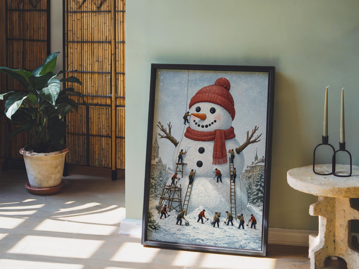 Miniature People Building Giant Snowman Christmas Wall Art, Storybook Xmas Decor, Tiny Workers Holiday Wall Art, Baker Foodie Kitchen Gift