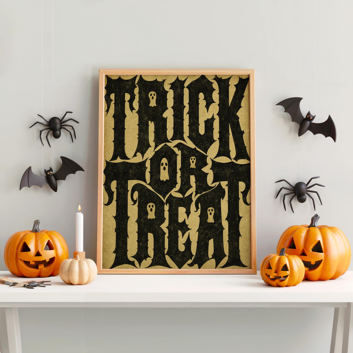 Vintage Trick Or Treat Typography Wall Art, Haunted Halloween Print, Ghost Pattern Poster, Witchy Occult Spooky Season Gift, Scary Kids