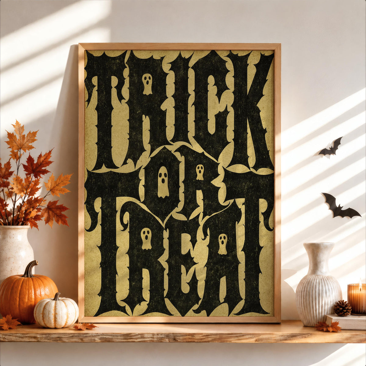 Vintage Trick Or Treat Typography Wall Art, Haunted Halloween Print, Ghost Pattern Poster, Witchy Occult Spooky Season Gift, Scary Kids
