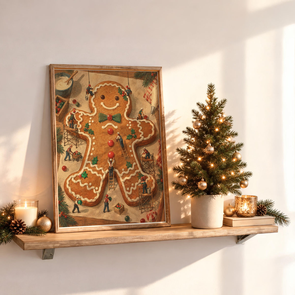 Tiny People Decorating Gingerbread Man Wall Art, Baker Foodie Gift, Whimsical Christmas Kitchen Poster, Xmas Holiday Decor