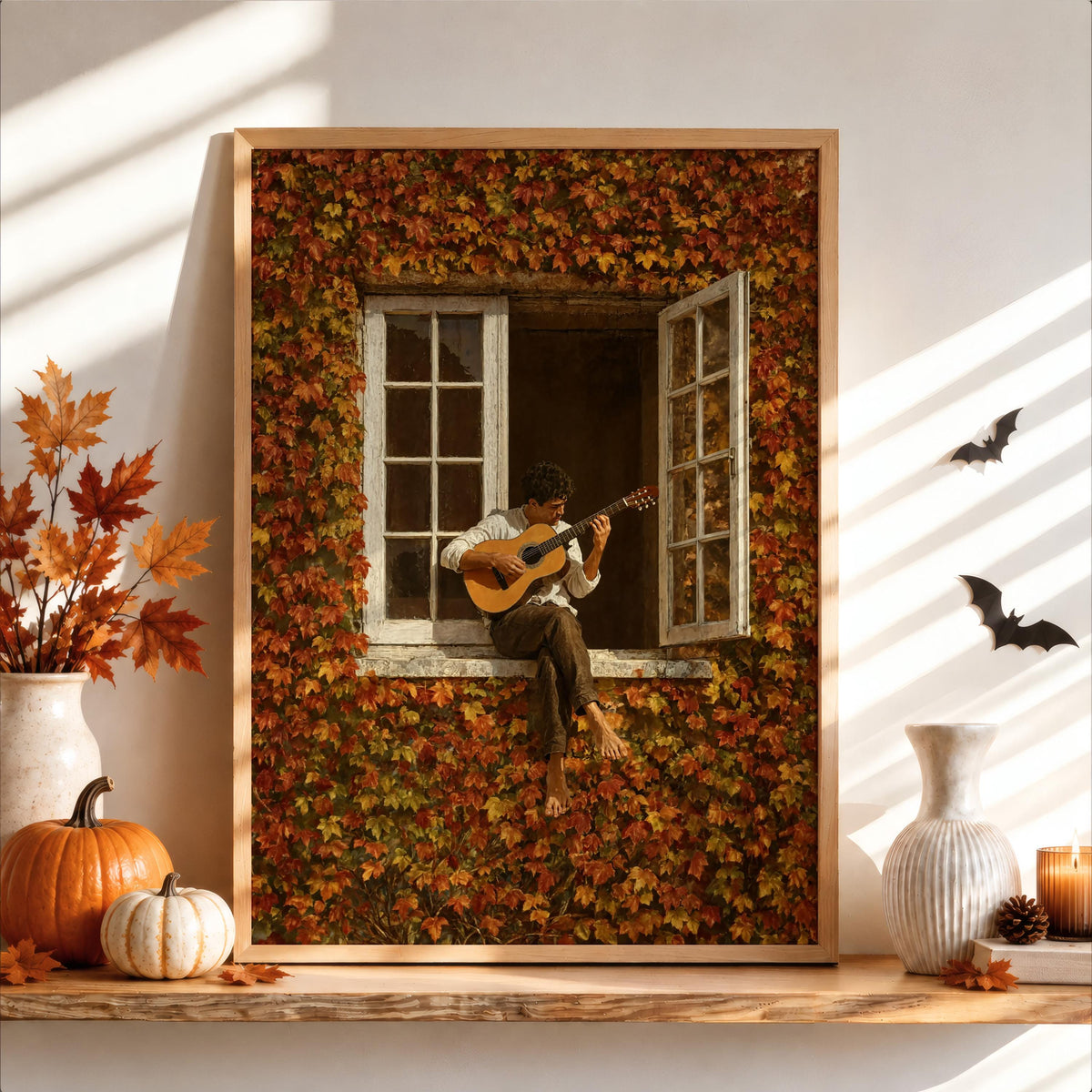 Framed autumn guitarist wall art on rustic wooden shelf, pumpkins and orange leaves frame guitar player window print.