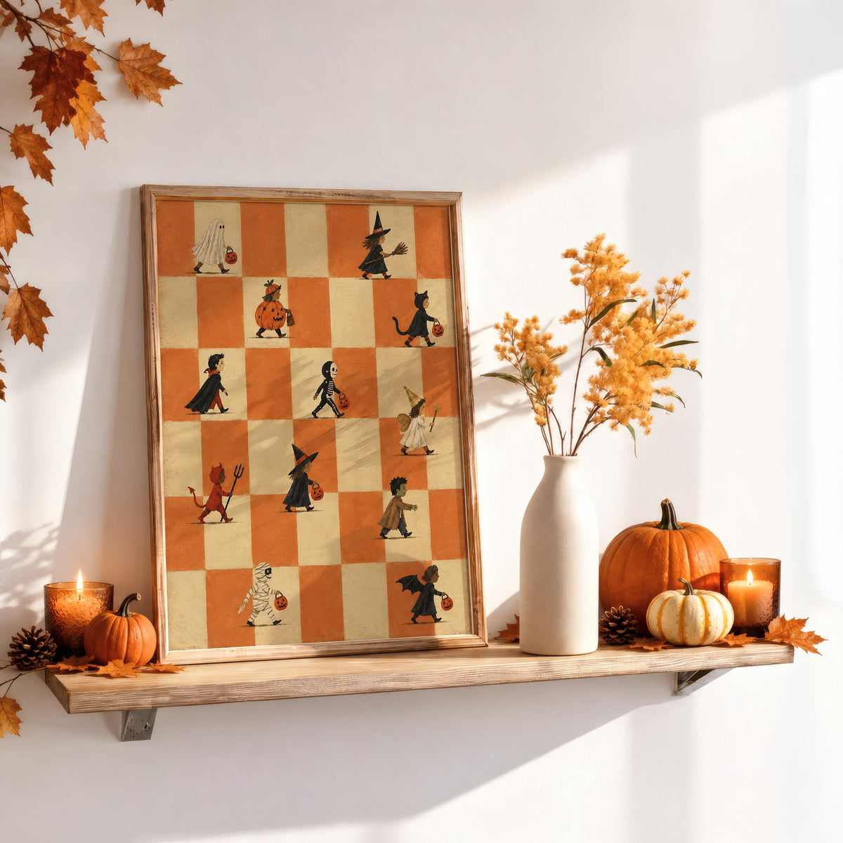 Halloween Trick or Treat Parade Print, Kids Halloween Parade Wall Decor, Vintage Checkerboard Poster, Whimsical Costume Party Art