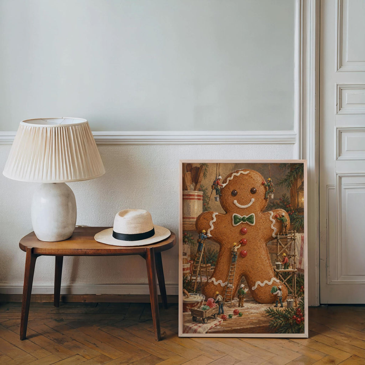Gingerbread Man Christmas Print, Xmas Kitchen Wall Art, Tiny Miniature People Holiday Baking Poster, Winter Season Gift for Baker