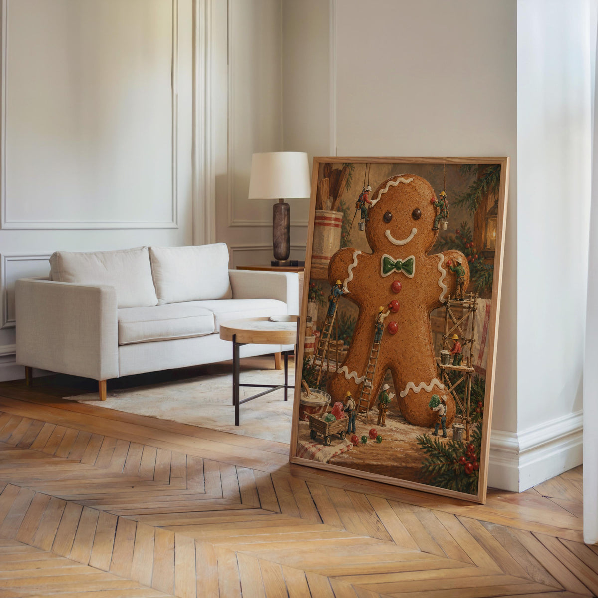 Gingerbread Man Christmas Print, Xmas Kitchen Wall Art, Tiny Miniature People Holiday Baking Poster, Winter Season Gift for Baker