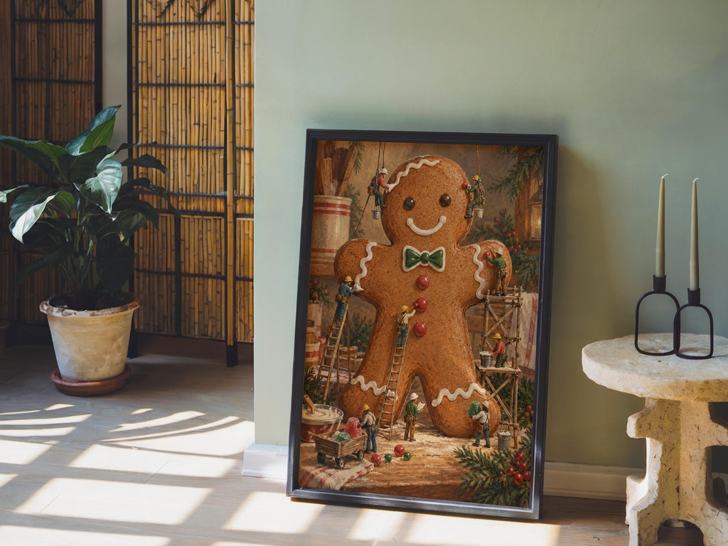 Gingerbread Man Christmas Print, Xmas Kitchen Wall Art, Tiny Miniature People Holiday Baking Poster, Winter Season Gift for Baker