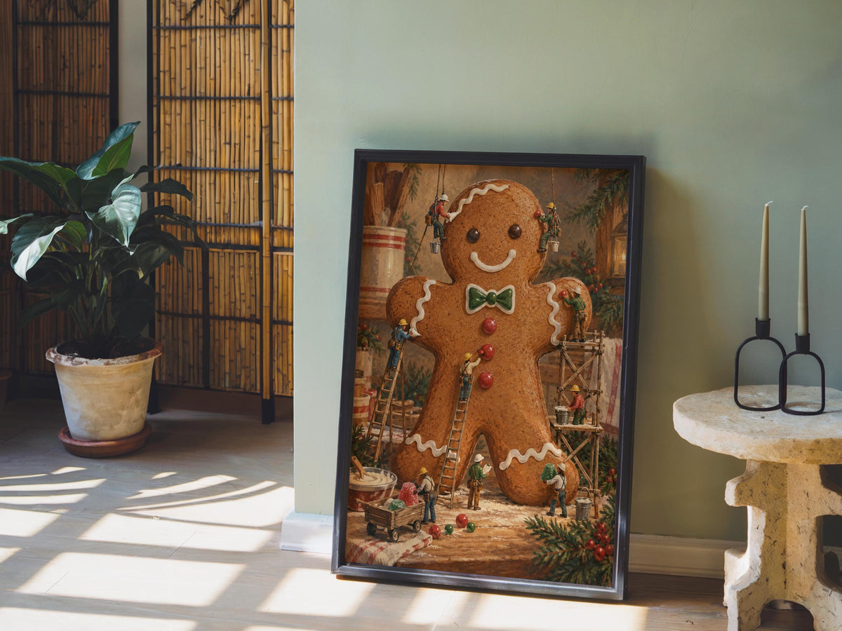 Gingerbread Man Christmas Print, Xmas Kitchen Wall Art, Tiny Miniature People Holiday Baking Poster, Winter Season Gift for Baker