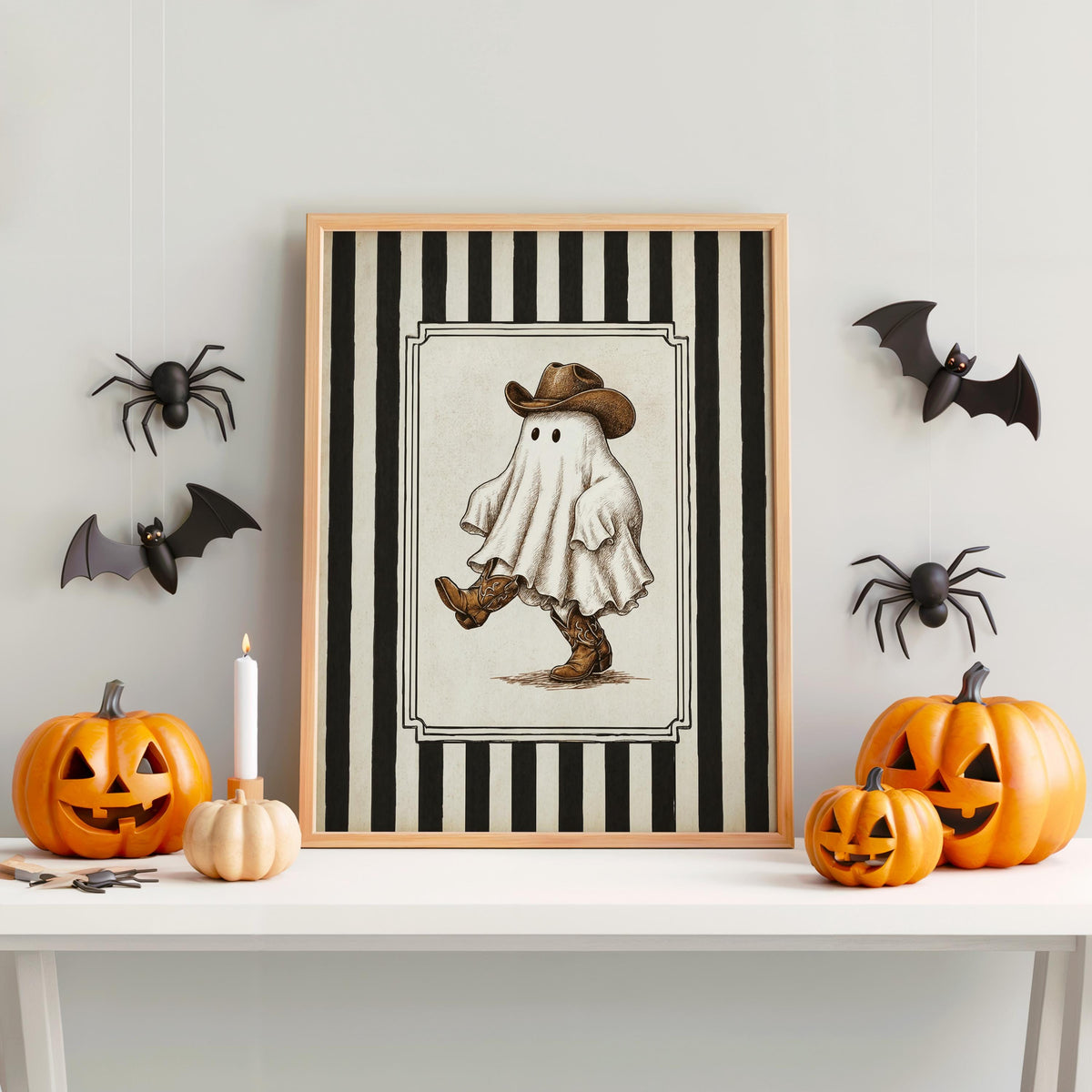 Halloween Cowboy Ghost Print, Western Spooky Wall Decor, Striped Retro Art, Vintage Americana Decoration, Cute Ghost Illustration