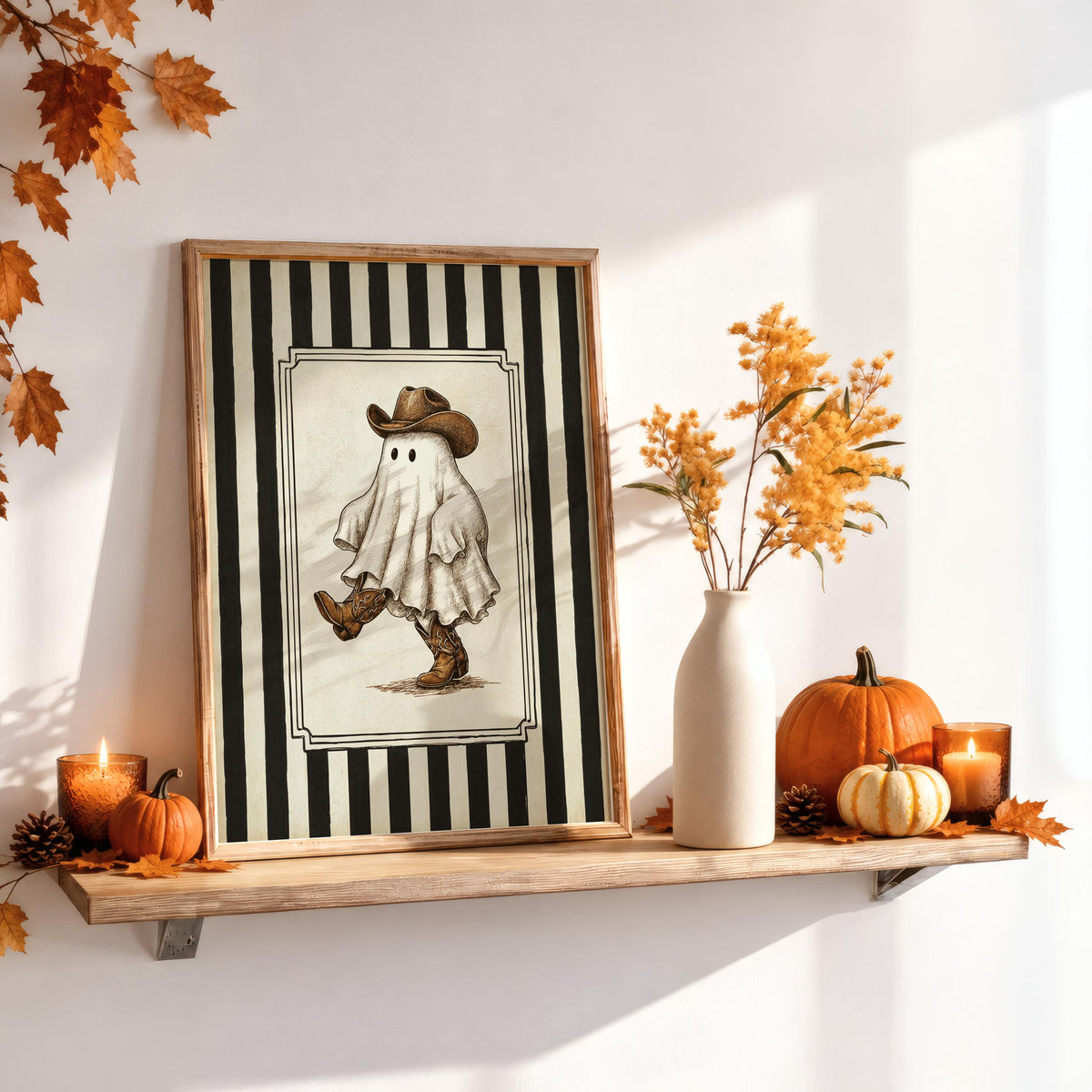 Halloween Cowboy Ghost Print, Western Spooky Wall Decor, Striped Retro Art, Vintage Americana Decoration, Cute Ghost Illustration