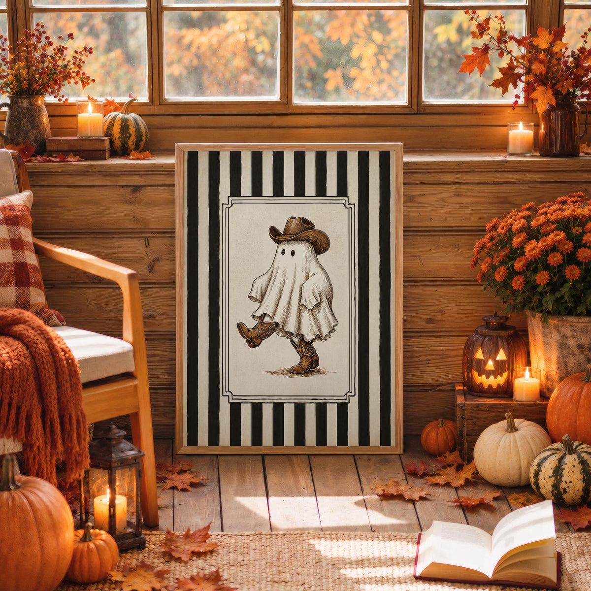 Halloween Cowboy Ghost Print, Western Spooky Wall Decor, Striped Retro Art, Vintage Americana Decoration, Cute Ghost Illustration