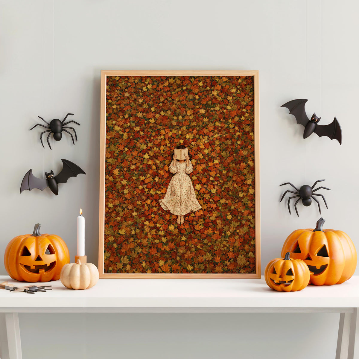 Autumn Woman Reading Print, Vintage Girl in Fall Leaves Wall Art, Cozy Cottage Decor, Romantic Bookish Literary Gift, Book Lover Poster