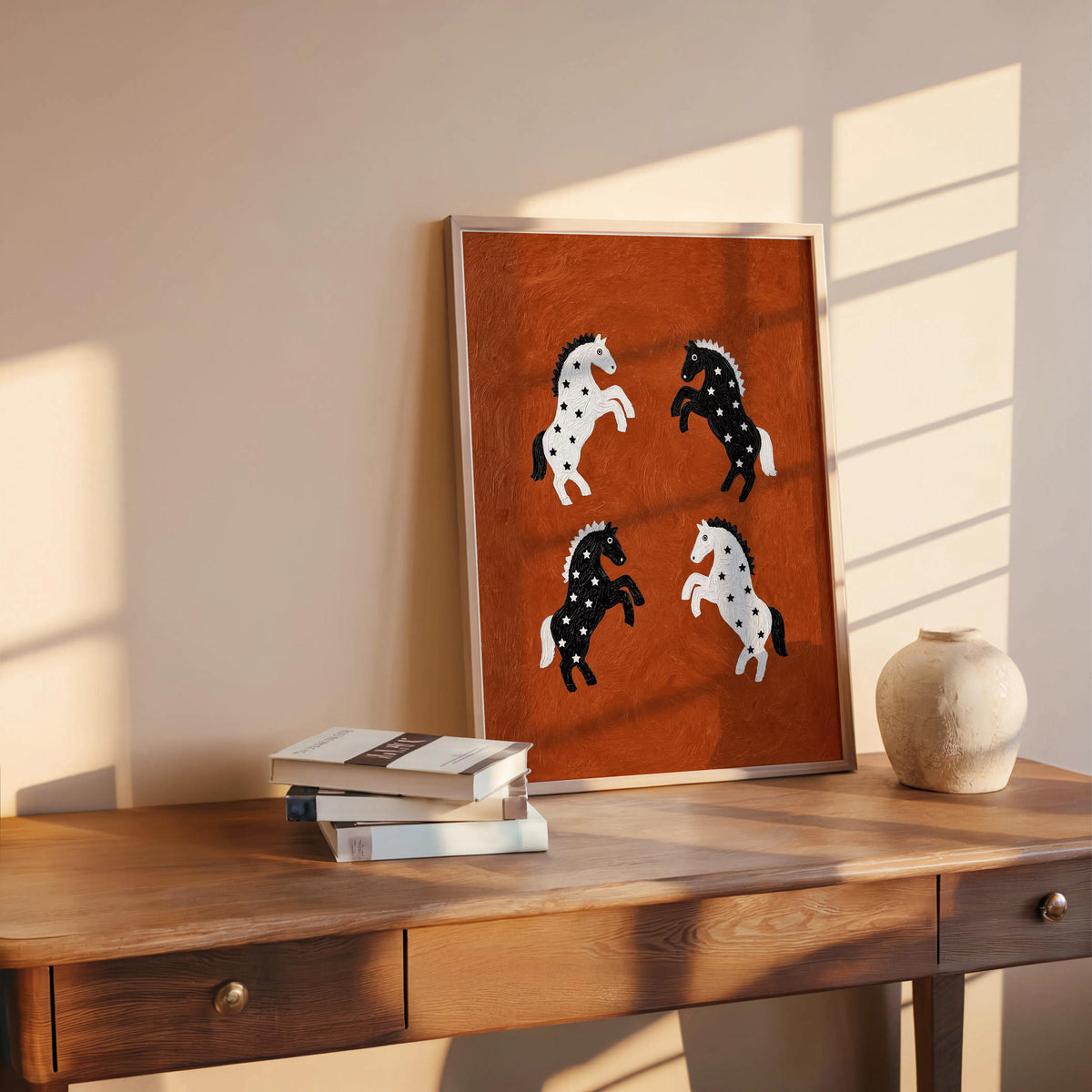 Abstract Starry Horses Rearing Print, Bold Western Folk Art, Rustic Ranch Style Decor, Minimal Textured Canvas, Cowgirl Poster