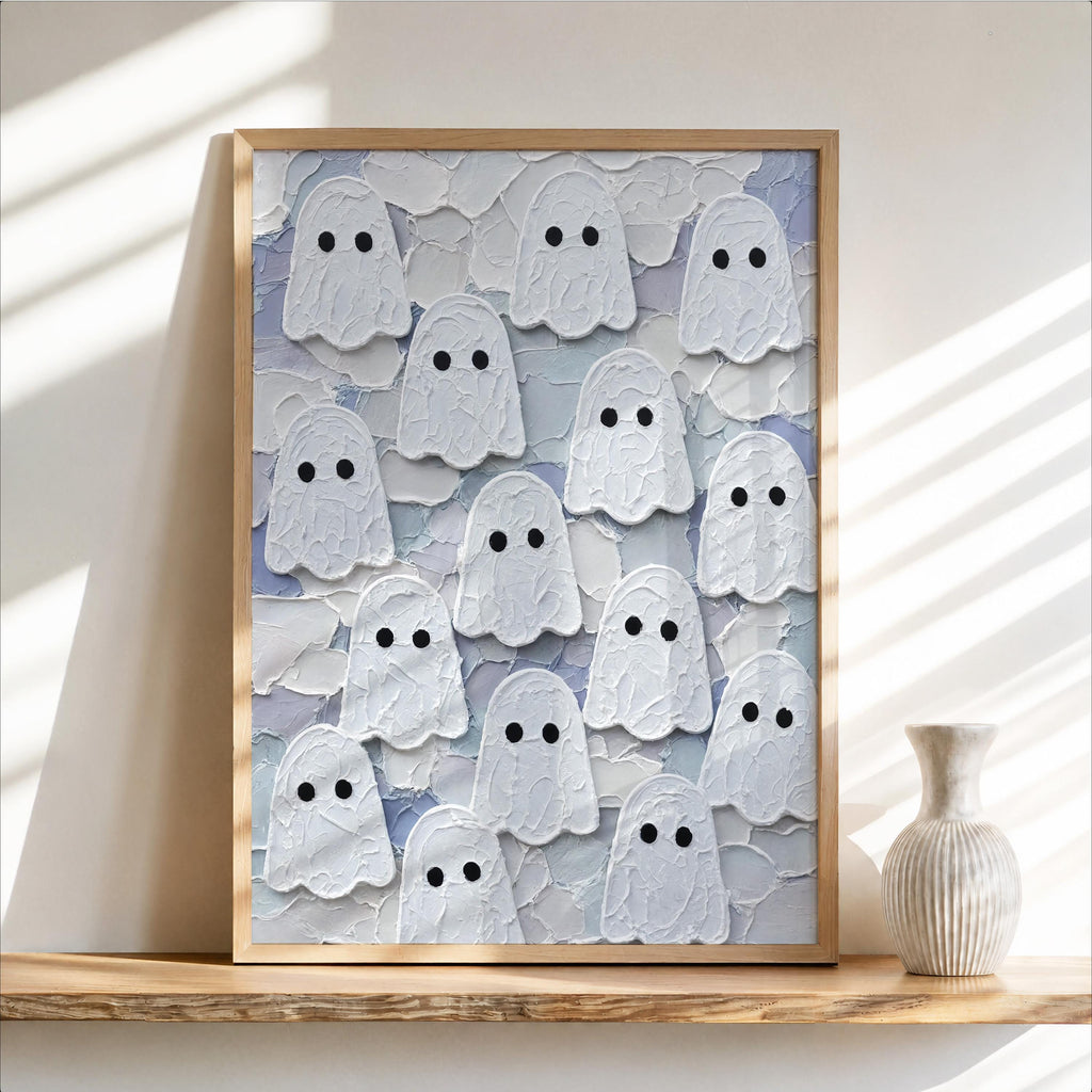 Ghost Congregation Wall Art, Pastel Folk Impasto Painting, Cute Goth Halloween Decor, Textured Spooky Season Print, Fall Autumn Poster