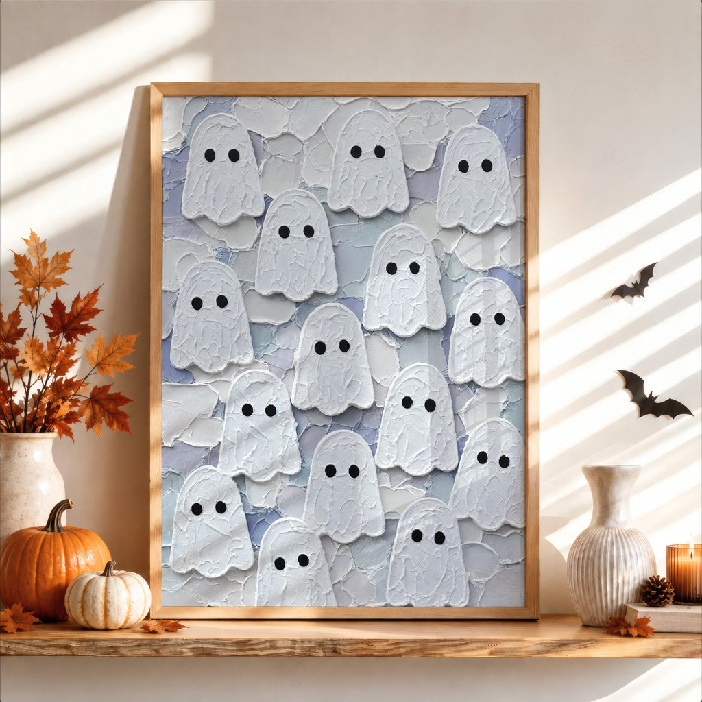Ghost Congregation Wall Art, Pastel Folk Impasto Painting, Cute Goth Halloween Decor, Textured Spooky Season Print, Fall Autumn Poster