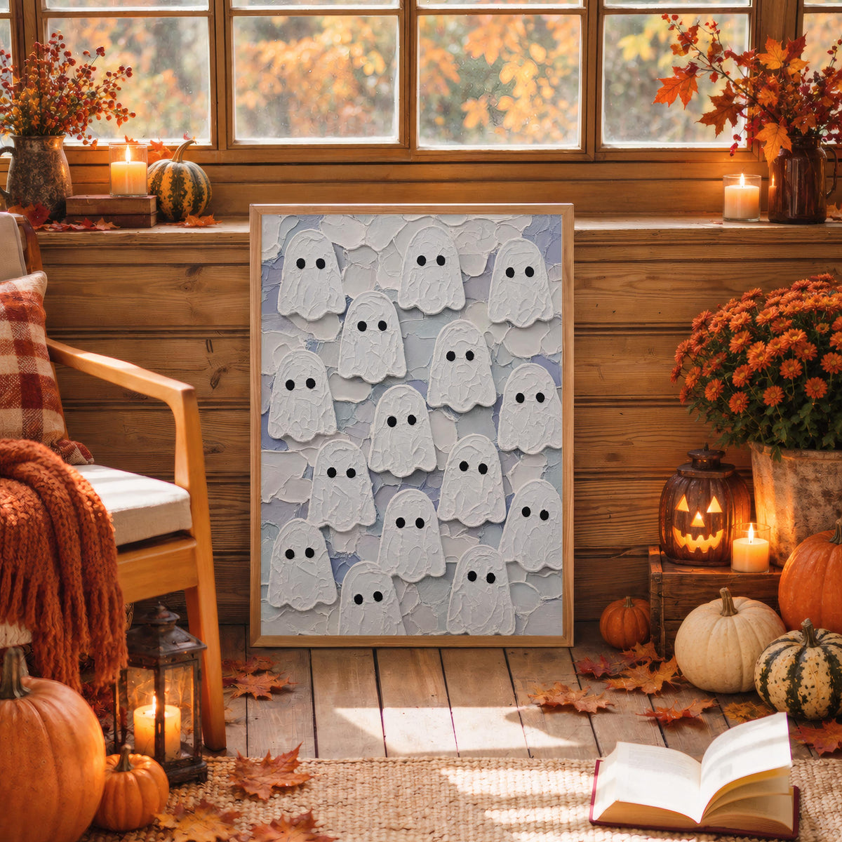 Ghost Congregation Wall Art, Pastel Folk Impasto Painting, Cute Goth Halloween Decor, Textured Spooky Season Print, Fall Autumn Poster