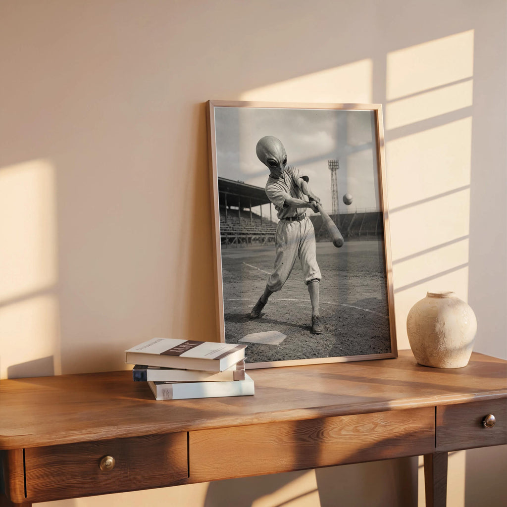 Alien Baseball Wall Art, Surreal Vintage Sports Photography, Funny Space Print, Kids Boys Baseball Gift