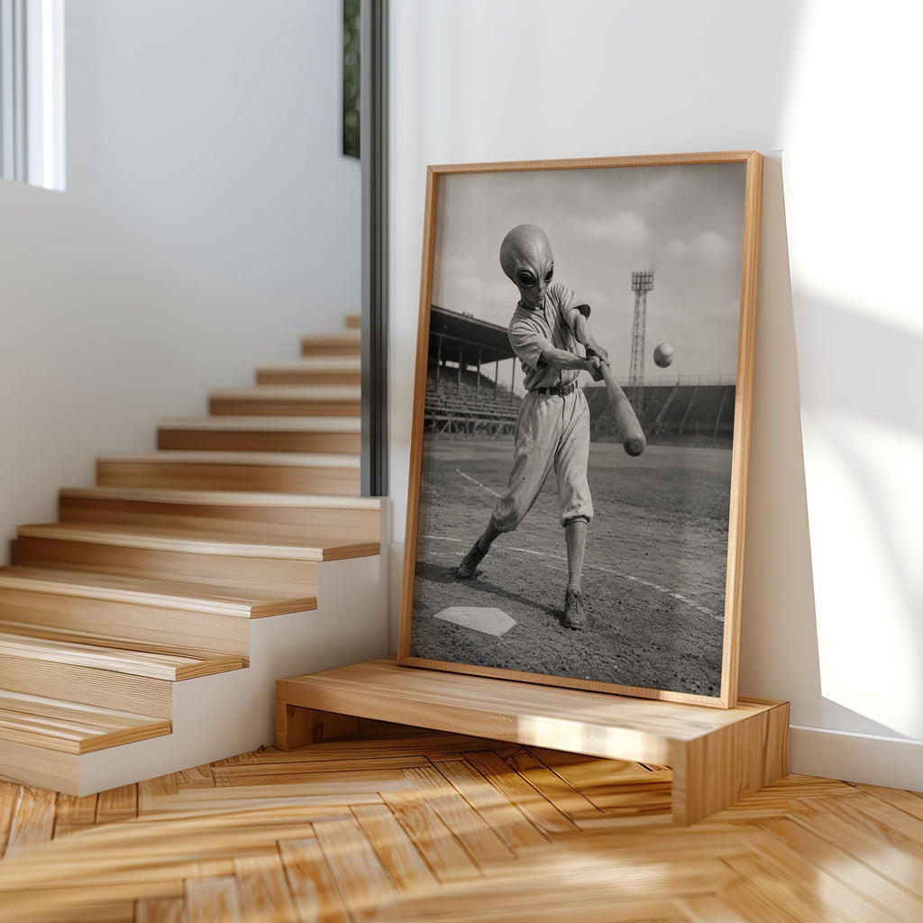 Alien Baseball Wall Art, Surreal Vintage Sports Photography, Funny Space Print, Kids Boys Baseball Gift