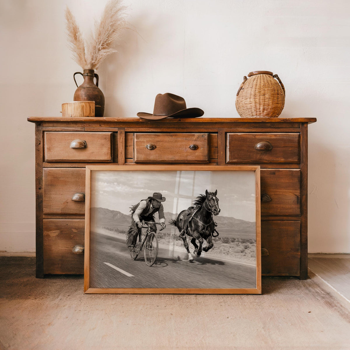 Cowboy VS Horse Bicycle Race Print, Surreal Western Wall Art, Vintage Desert Photo, Funny Equestrian & Cyclist Decor, Quirky Ranch Gift