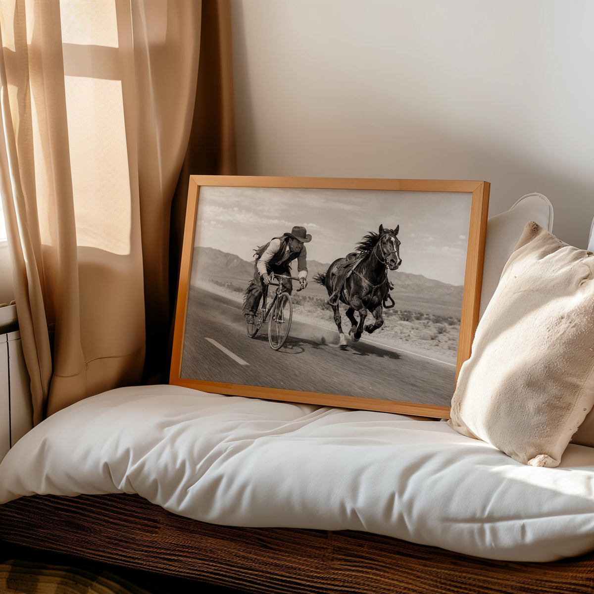 Cowboy VS Horse Bicycle Race Print, Surreal Western Wall Art, Vintage Desert Photo, Funny Equestrian & Cyclist Decor, Quirky Ranch Gift