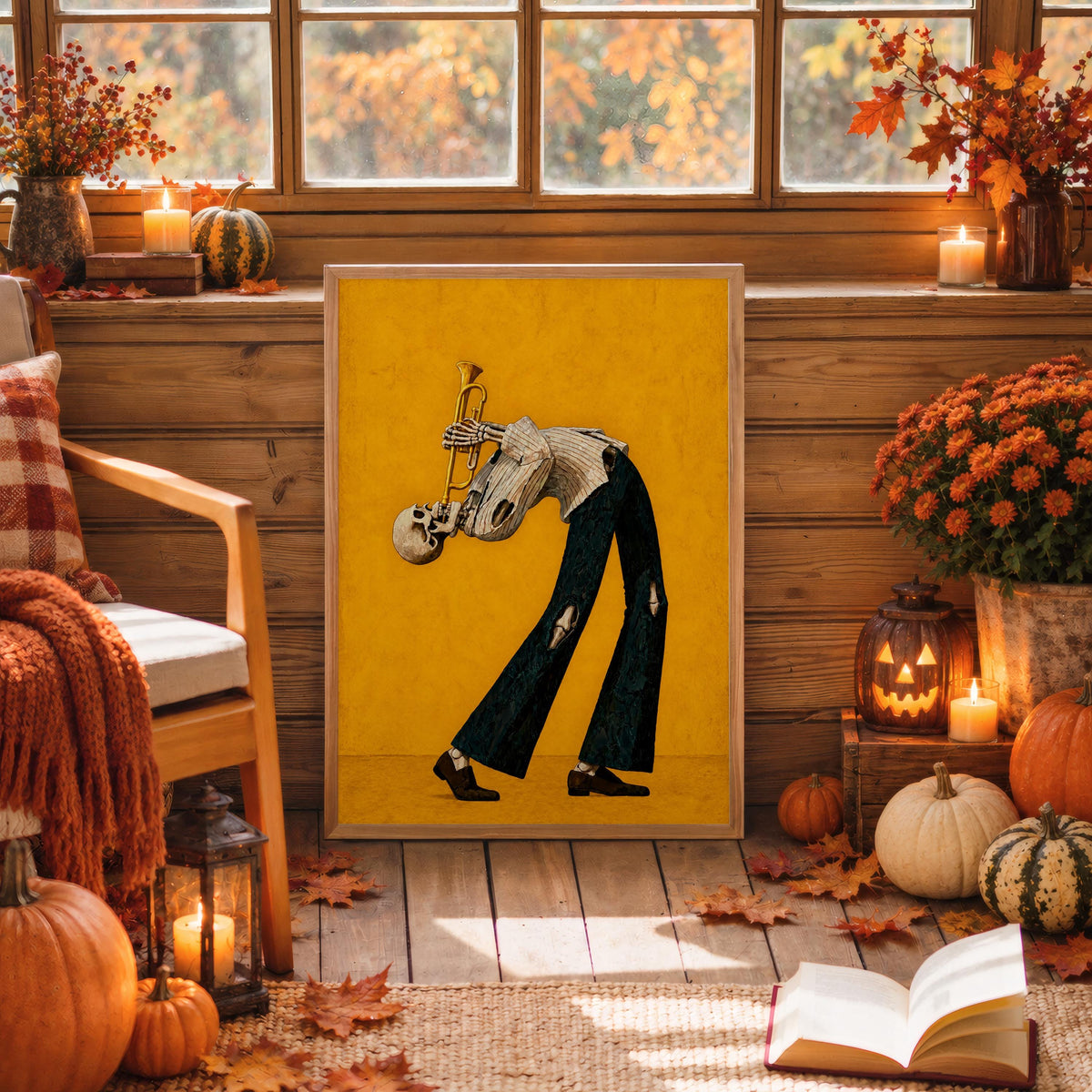 Skeleton Trumpet Player Wall Art, Halloween Jazz Musician Painting, Gothic Dark Academia Music Print, Spooky Season Band Gift