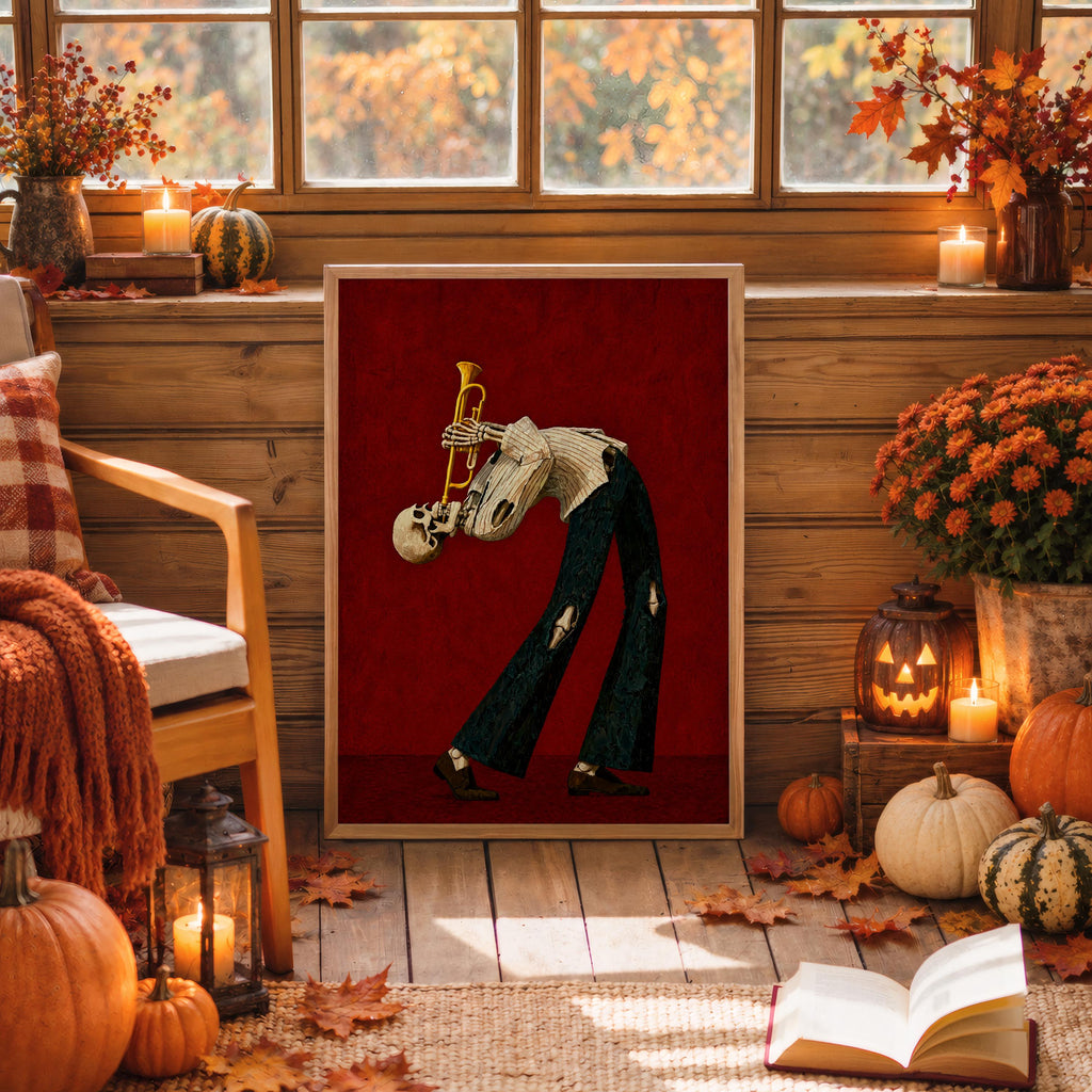 Skeleton Trumpet Player Wall Art, Halloween Jazz Musician Painting, Gothic Dark Academia Music Print, Spooky Season Band Gift