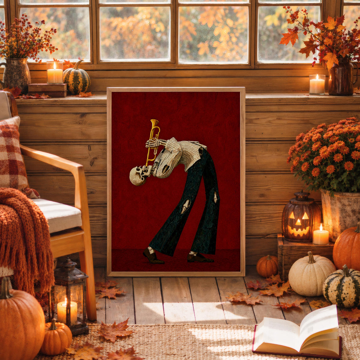 Skeleton Trumpet Player Wall Art, Halloween Jazz Musician Painting, Gothic Dark Academia Music Print, Spooky Season Band Gift