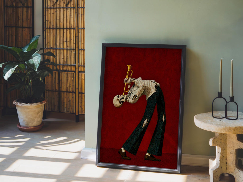 Skeleton Trumpet Player Wall Art, Halloween Jazz Musician Painting, Gothic Dark Academia Music Print, Spooky Season Band Gift